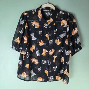 Dangerfield Womens Black Sheer Retro Cat Yarn Print Button Up Short Sleeve Top 6